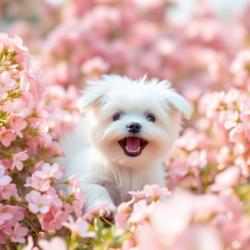 Liten vit valp bland rosa blommor