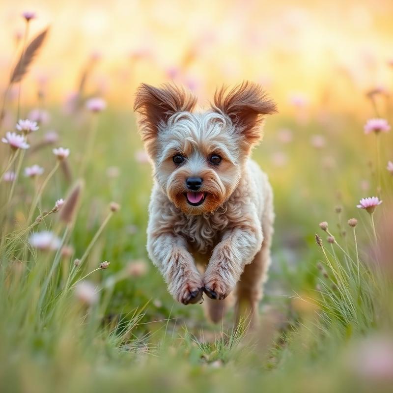 Liten lurvig hund springer i ängen